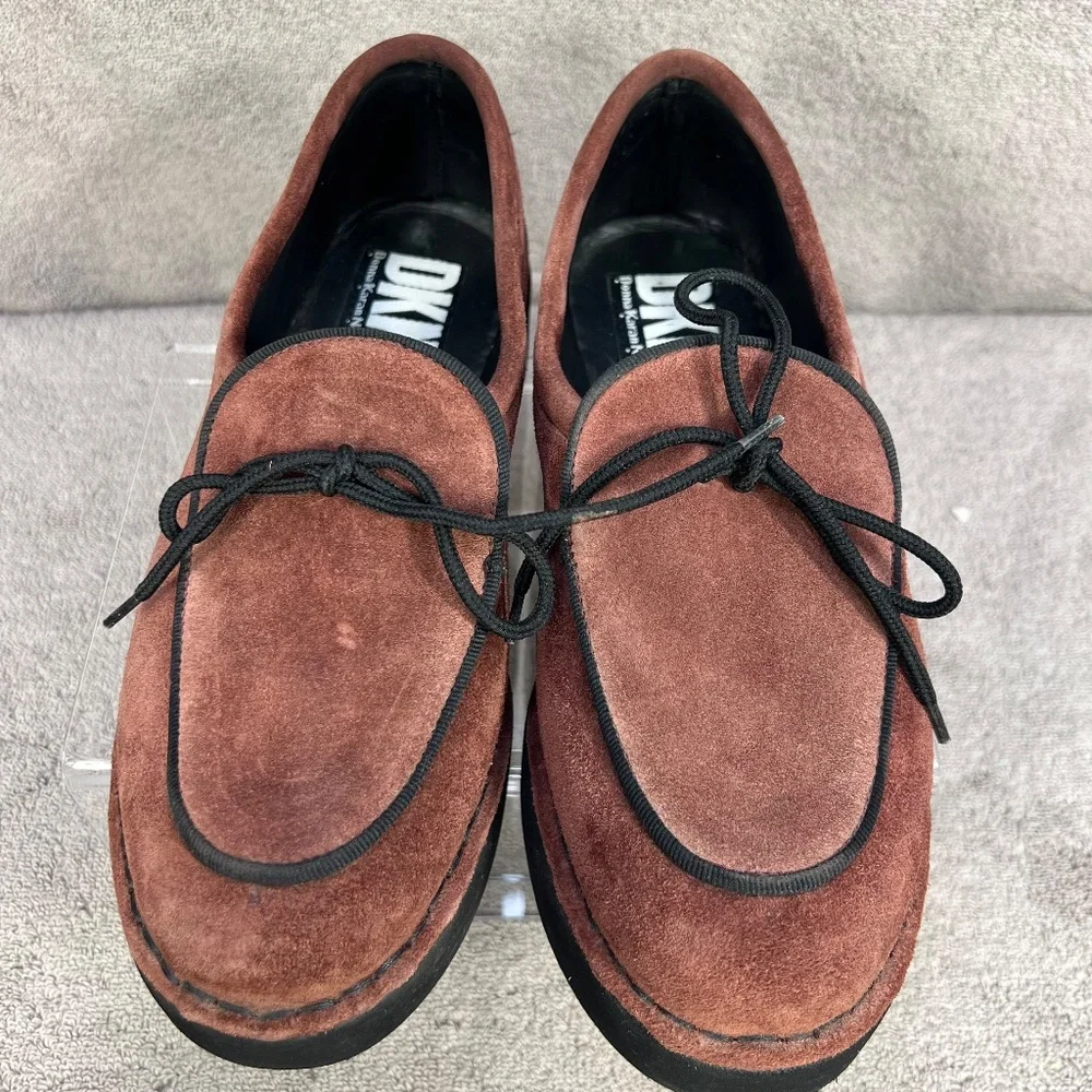 Vintage DKNY Suede Leather Platform Loafers 8.5 Rust Red Y2K 90s Vamp Goth Bows - Picture 6 of 12